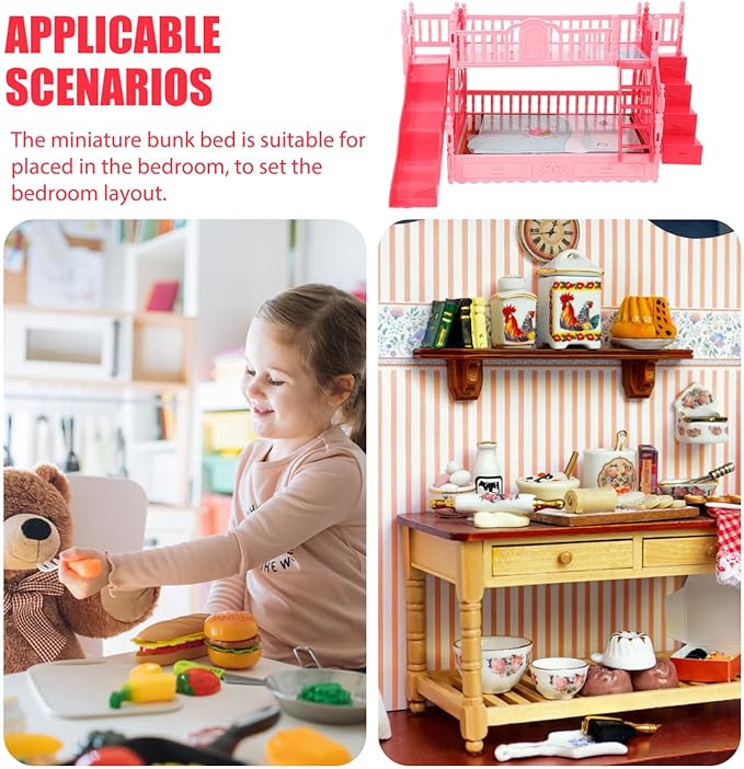 TOYANDONA Baby Doll Bunk Bed for Girls, Miniature Furniture Dollhouse Bed with Stairs, Plastic Mini Bedroom Furniture Birthday 1/12 Scale