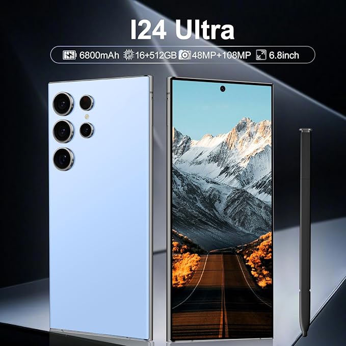 BAOWU I24 Ultra 5G Unlocked Phones, Built in Pen, Smartphone Battery 6800mAh 6.8" HD Screen Unlocked Cell Phone, 16+512GB Android14 with 128G Memory Card, Face ID/Fingerprint Lock/GPS (Blue)