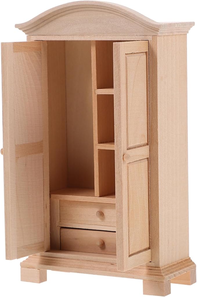 Abaodam Mini Wooden Wardrobe Model 1 12 Scale Doll House Furniture Double Door Closet Tiny Wardrobe for Dollhouse Decor and Accessories