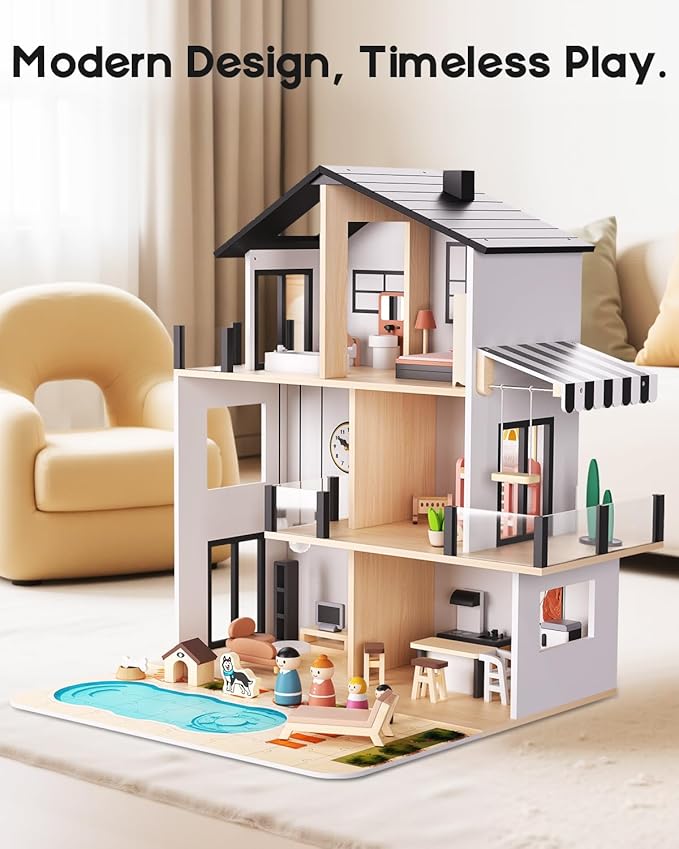 BIERUM Wooden Dollhouse, Large Modern Doll House with 49Pcs Furniture Accessories, Dolls & Pets, DIY Puzzle Pool Yard, Wood Dollhouse Toy for Toddlers 3+, Ideal Gift for Boys and Girls (Black)
