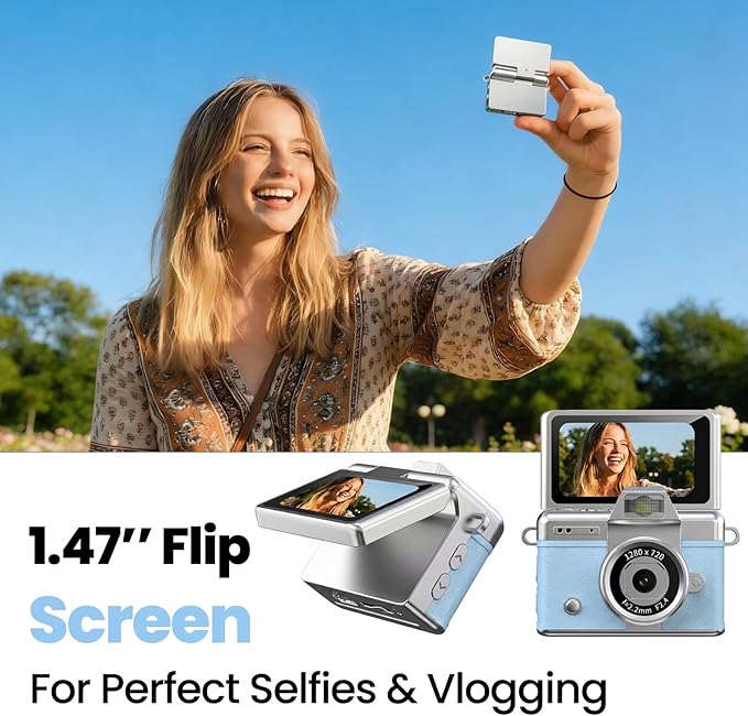Mini Keychain Camera,2K Retro Digital Camera with 1.47‘’ Flip Screen & Built-in Flash for Selfies - Includes 32GB SD Card, Strap - Perfect for Travel, Concert, Vlogging