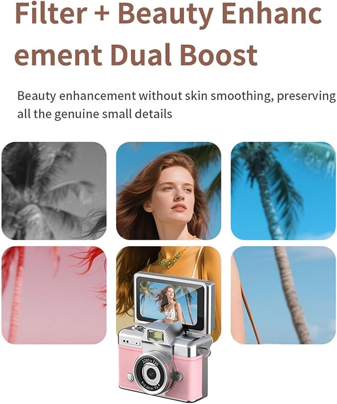 Flip Screen Mini Keychain Camera with Flash, 1080P 2MP Y2K Pocket with 32GB Card, Flip Selfie Camera with LED Flash for Vlogging, Rose Gold Small with Reversible LCD & Light