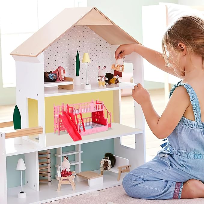 TOYANDONA Baby Doll Bunk Bed for Girls, Miniature Furniture Dollhouse Bed with Stairs, Plastic Mini Bedroom Furniture Birthday 1/12 Scale
