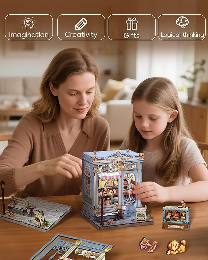 Cutefun Book Nook Kit - DIY Miniature House Kit for Adults and Teens, 3D Wooden Puzzle Mini House Building Kit with LED, Dollhouse Kit Bookshelf Insert Decor Creative Gifts (Sweet Marie)