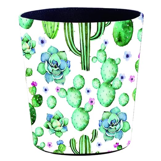 Scakbyer 10L/2.64 Gallon PU Leather Trash Can, Decorative Waterproof Wastebasket Dustbin Garbage Bin for Home Office Bathroom - Cactus B