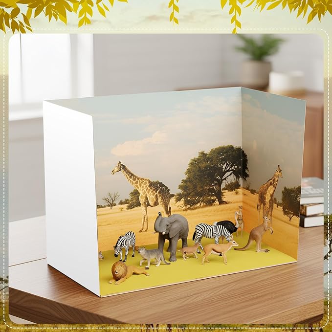 AmazingSpark 2 Set Grassland Style Diorama Box and Fake Grass Decor, Safari Animal Diorama Project Supplies Set, Cardboard Display Case Kit & Artificial Grass with Double Sided Tapes for DIY Crafts