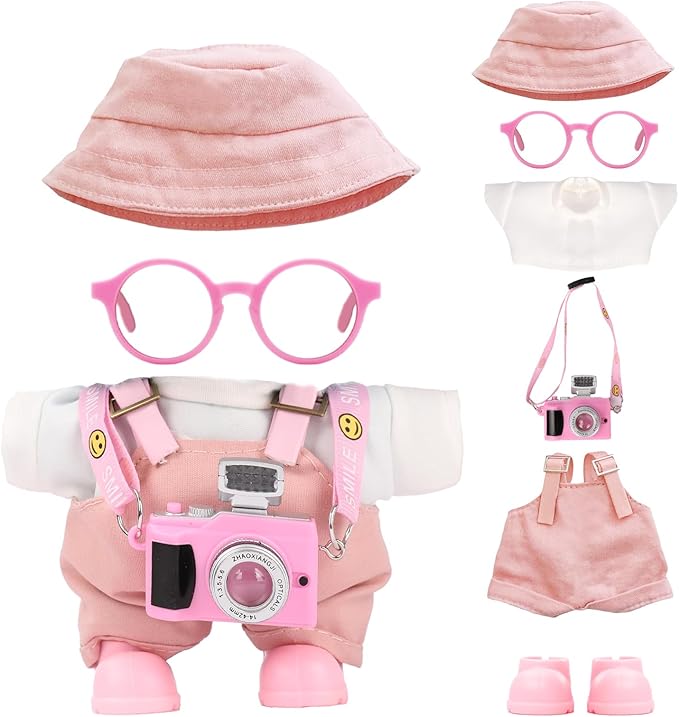 17cm Doll Clothes Set, Hat & Overalls & Shirt & Shoes & Glasses & Camera Set for 17cm Accessories Suit, Stylish Dolls Clothes Accessories, Cute Clothes for Dress up Unique Style (Light Pink)