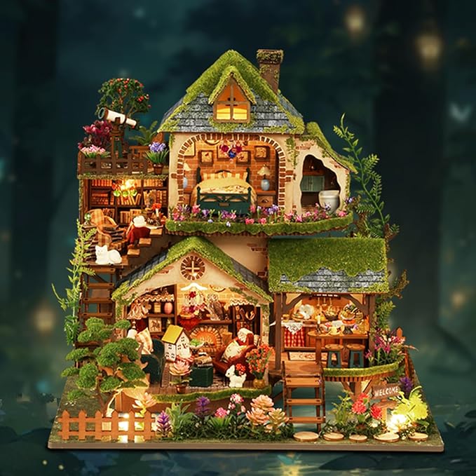 DIY Miniature House Kit: 3D Wooden Puzzle Dollhouse Kit, Mini House Building Kits for Adults Teens, Tiny Model House Building Miniature Kit with LED Light, Forest Adventure