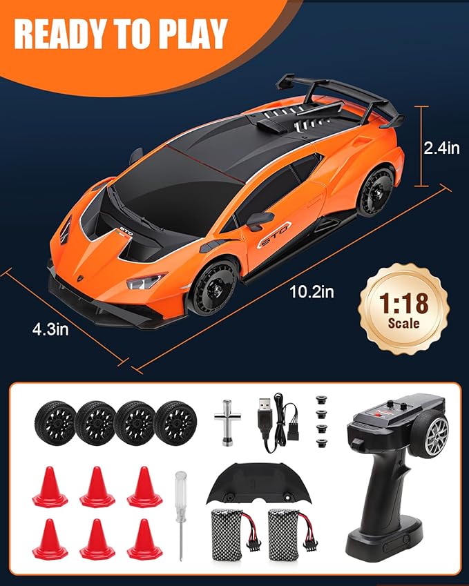 Lamborghini Remote Control Car for Boys 8-12, Officially Licensed 1:18 Scale 2.4GHz 15Km/ RC Drift Car Toys with Headlight, 2 Batteries 60 Min Play, RC Gift Toy for Boys & Girls Ages 3-12 & Adults