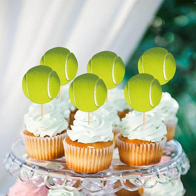 Ercadio 24 Pack Double Sided Tennis Cupcake Toppers Sports Ball Cupcake Picks Tennis Theme Birthday Cake Decorations for Baby Shower Kids Birthday Party Cake Decorations Supplies