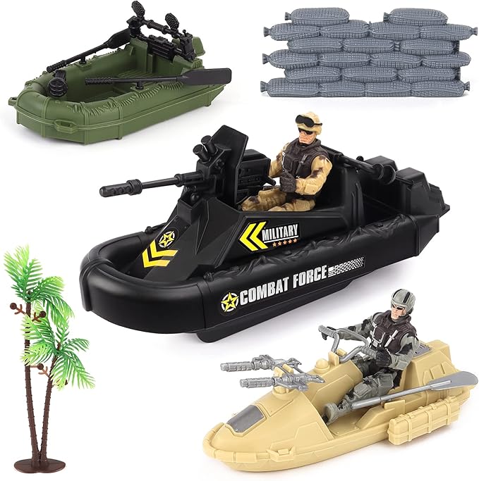 deAO Military Vehicles Set - Combat Boat Toy with 2 Army Men Figures, Batter Boat and Other Weapon Gear Accessories, Great Gift for 3-5+ Boys