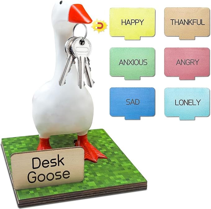 Desk Goose Magnetic Goose Key Holder, Desk Goose 7 Inches Desktop Goose with 1 Pixel Base & 6 Mood Signs for Funny Desk Decor, Cute Office & Home Decor for Christmas Gifts (Goose Set)