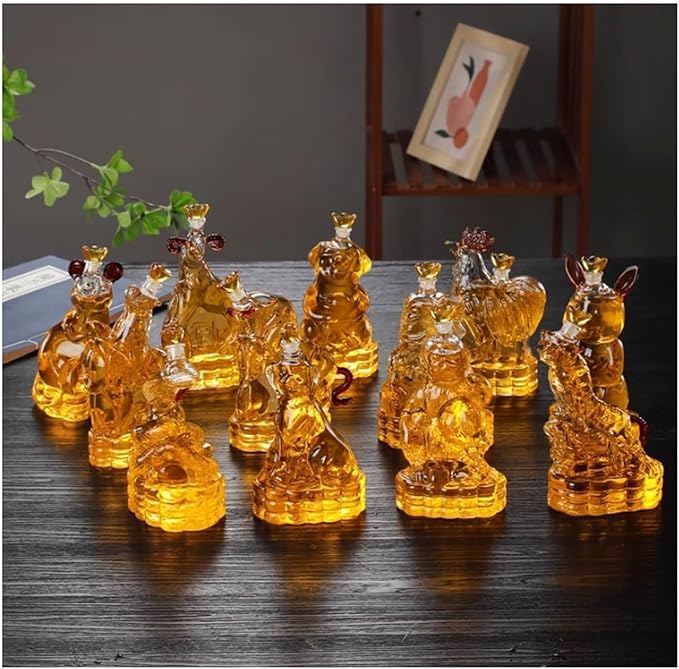 Chinese Zodiac Mini Whiskey Decanter Set of 12 with Stopper. Creative Animal Clear Glass Wine Bottle Miniature Liquor Dispenser for New Year (Size : 180ml x 12)
