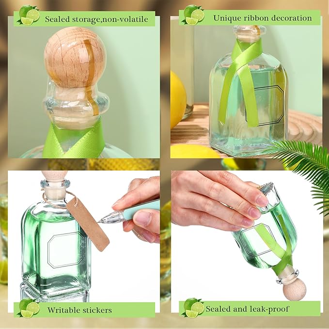 Baderke 24 Pcs 100ml/3.4oz Patron Shot Bottles Empty for Drinks Mini Tequila Shot Bottles Patron with Cork Lids Green Ribbon Reusable Glass Bottle for Weddings Birthday Party Favors DIY Crafts