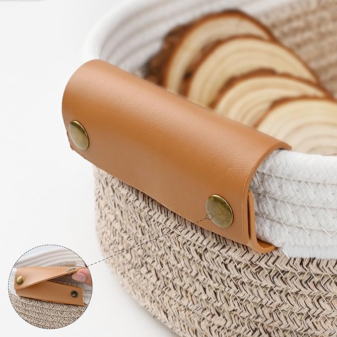Storage Baskets for Organizing, Small Woven Basket Set of 6-4 Shelf Basket with Leather Handle and 2 Small Gift Baskets, Cotton Rope Basket for Shelves, Nursery, Dog Toy, Bathroom