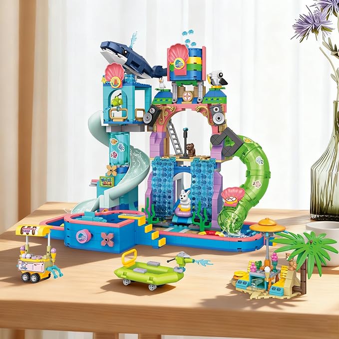 1150Pcs Friends Water Park Building Set, STEM Summer Fun Party Toy with Swimming Pool Slides,Water Canons,Diving Platform,Animal, Pretend Play Kit for kids, Birthday Gifts for Girls Ages 6-12+