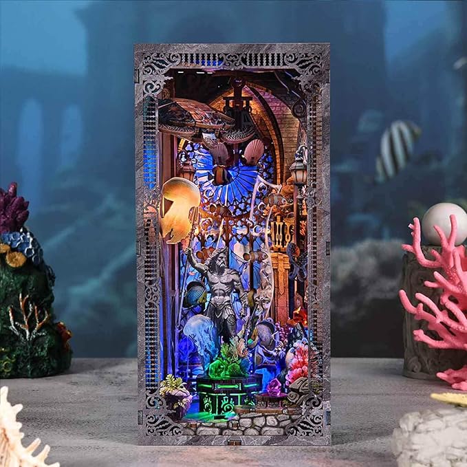 Book Nook Kit - Atlantis DIY Miniature House Dollhouse Kit for Adults and Teens, 3D Wooden Puzzle Bookend Bookshelf Insert Decor with LED Light, Gifts for Family and Friends