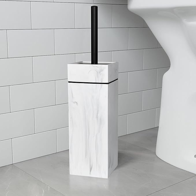 Indecor Home Black Line Design Resin Toilet Bowl Holder and Brush Set, Stylish Bathroom Cleaning Tool with Durable Bristles, Compact and Functional