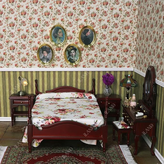iLAND Miniature Dollhouse Accessories, 4 Dollhouse Picture Frames Set w/ 4 Beauty Portraits (4 Gold-Toned Oval Frames w/ 4 Pictures)