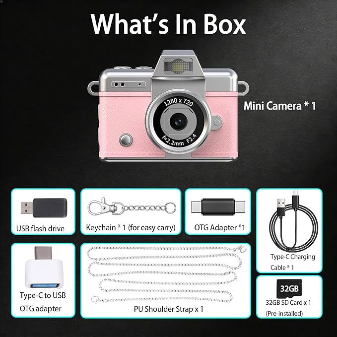 Pyxfeiiu Mini Keychain Camera,1080p Video Mini Digital Camera,Retro Flip Screen Small Bodycam,with Adapter and 32GB Card (Expandable to 128GB),USB Charging Long Battery Life for Kid,Travel,Vlog