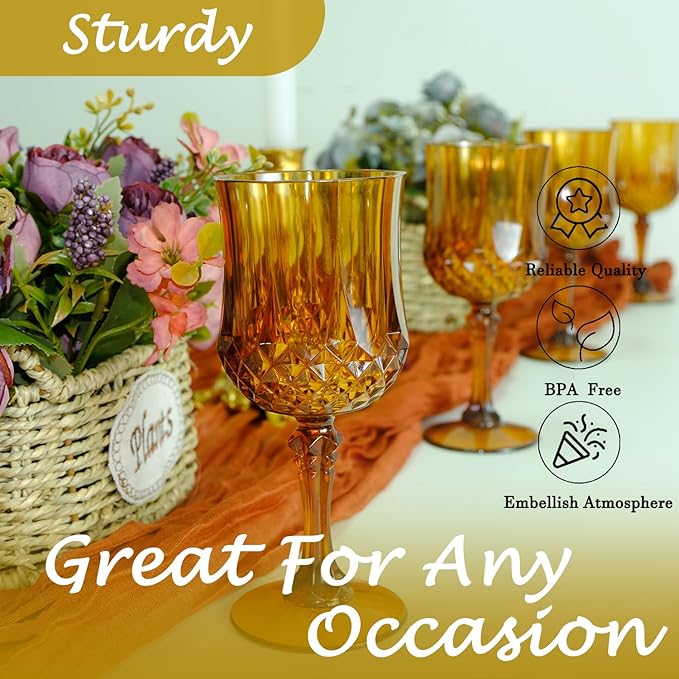 LEYIQU Plastic Wine Glasses, Plastic Goblets Vintage Style Cordial Drinking Glasses for Valentine’s Day, Wedding Reception, Grand Event Party Supplies (48, Amber)
