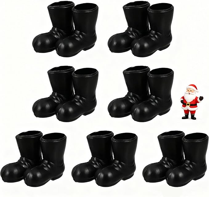 VICASKY 7 Pairs Mini Santa Claus Boots – 1.18" Adorable Miniature Christmas Gnome Shoes,Black Plastic Doll Shoes for Dollhouse, DIY Craft Projects, Table Centerpiece & Holiday Decor