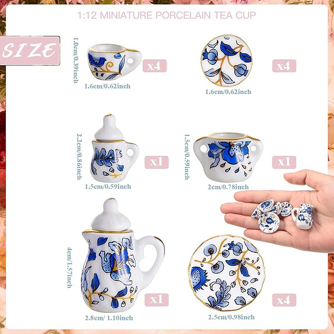 Geiserailie 2 Set 1:12 Dollhouse Miniature Porcelain Tea Cup 30 Pieces Mini Flowers Pattern with Golden Trim Teapot Cup Plate Mini Tea Dollhouse Kitchen Accessories