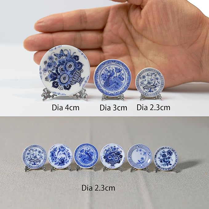 6PCS Handcrafted Miniature Ceramic Plates in 1:12 or 1:6 Scale, Vintage Porcelain Playhouse Dishes (Blue-White A, 2.3CM)