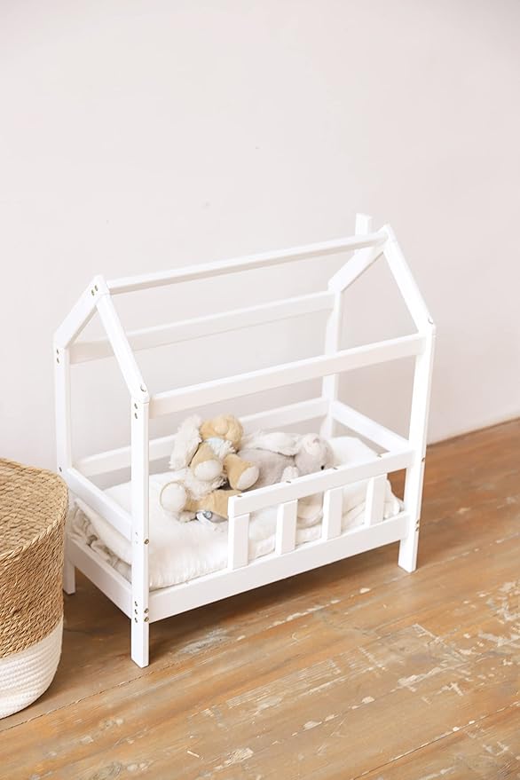 BUSY WOOD Wooden Doll Bed Pair to Toddler Bed Frame - Bedroom Furniture for Girl - Dolls Bed Pretend Play - Montessori Furniture - White Color Bed - Color Variation