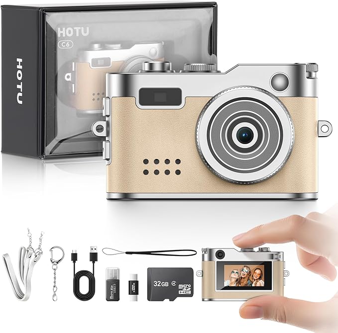 HOTU Mini Digital Camera, Keychain Camera 1080P HD with 2MP Lens, Flash, Video Recording, 32G Card Included, Portable and Compact Retro Vlog Camera for Travel, Kids, Beige