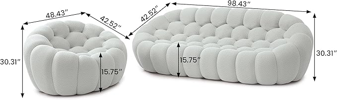 JACH 3 Seater Bubble Sofa and Single Seat Curved Couch, Comfy Upholstered Sofa, Mesh Fabric 3D Honeycomb Shape Modern Couch for Living Room, Office, Apartment, Small Space (Light Grey)