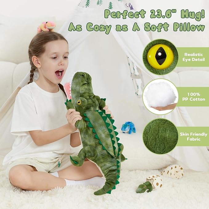 7Pcs Sound Alligator Plush Toy, 23.6" Talking Mother Crocodile Stuffed Animal with 3 Baby Alligators & 3 Eggs, Stuffed Educational Zoo Animals for Kids, Safari Plushies Gift for Christmas