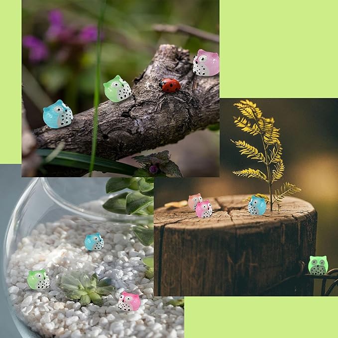 40 Pcs Luminous Mini Resin Owls, Glow in The Dark for Dollhouse, Fairy Garden, Garden Miniatures, Plant Décor and Car Accessories