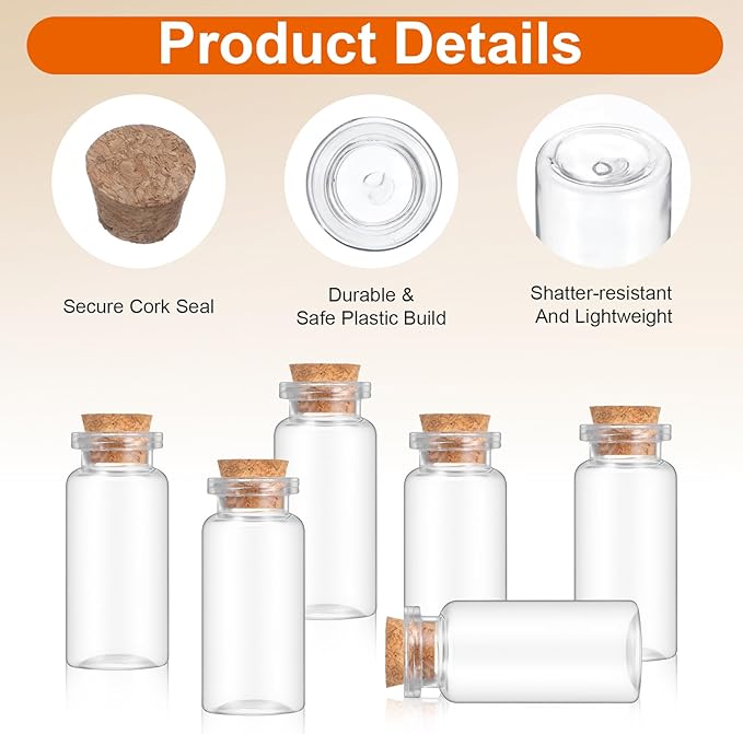 120 Pack 10ml Mini Plastic Bottles with Cork Stoppers, Small Empty Clear Plastic Jars for DIY Crafts, Wedding Favors, Spice & Sample Containers, Party Decor