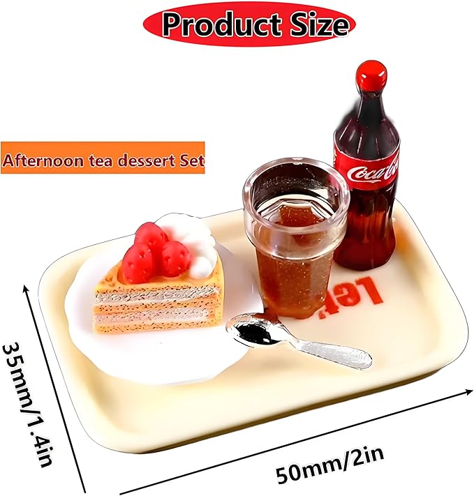 6-Piece Happy Afternoon Tea Miniature Set – Dollhouse Kitchen Accessories, Includes Tray, Soda, Cake, Plate, Spoon, Perfect for Pretend Play, Miniature Food Set for Dollhouses and Play Kitchens