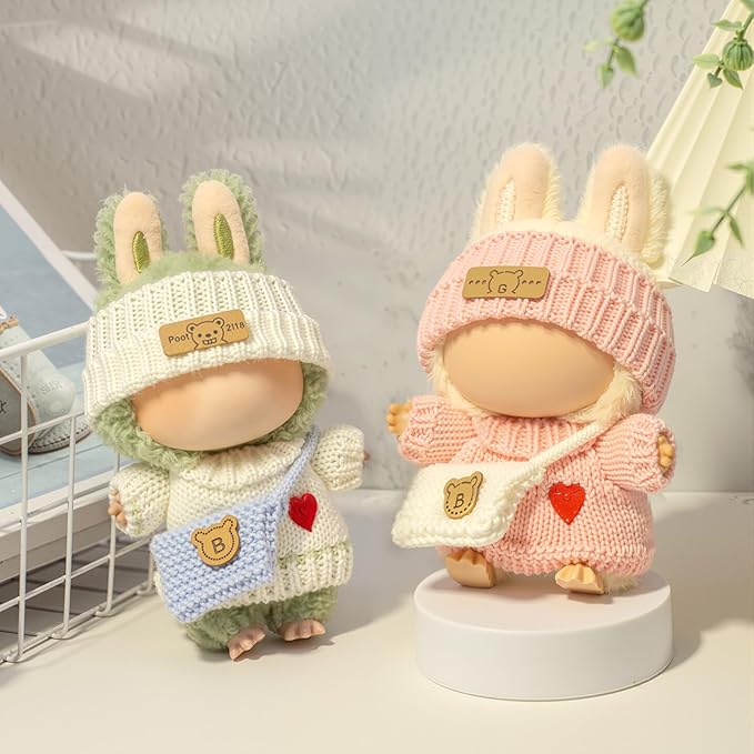 Clothes for LABUBU Doll (NO Doll), Handcrafted Crochet 3-Piece Accessories for LABUBU 17cm Dolls, Premium Outfit - Heart Sweater + Hat + Bag, Cute Clothes for Dress up Unique Style (White)