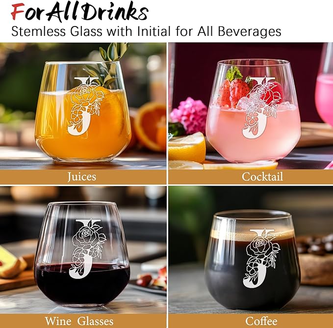 Personalized Gifts for Women, Monogrammed A-Z Wine Glass Customized Gift, Unique Christmas Birthday Gifts for Women Her Mom Friend Sister Wife Daughter Nurse - Dishwasher Safe (J)