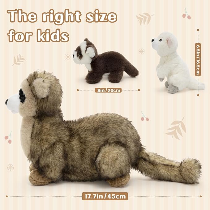 3Pcs Ferret Plush Toy, Mother Ferret Stuffed Animal with 2 Cute Stuffed Baby Ferrets Inside, 18" Snuggly Ferret Plushies for Kids, Christmas Birthday Gift