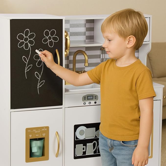 Kitchen Playset for Kids Ages 3-8, Wooden Kids Play Kitchen Chef Pretend Play Set for Toddlers, Toys Kitchen with Toy Food & Cookware Accessories