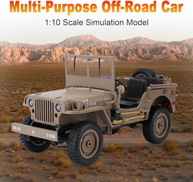 RC Crawlers, 1:10 Scale D888 Willys Military Jeep, 2.4Ghz 4WD Off Road Rock Crawler with Lights, Removable Accessories All Terrain RC Jeep Toy for Adult Teens-Upgradable (2 Batteries)
