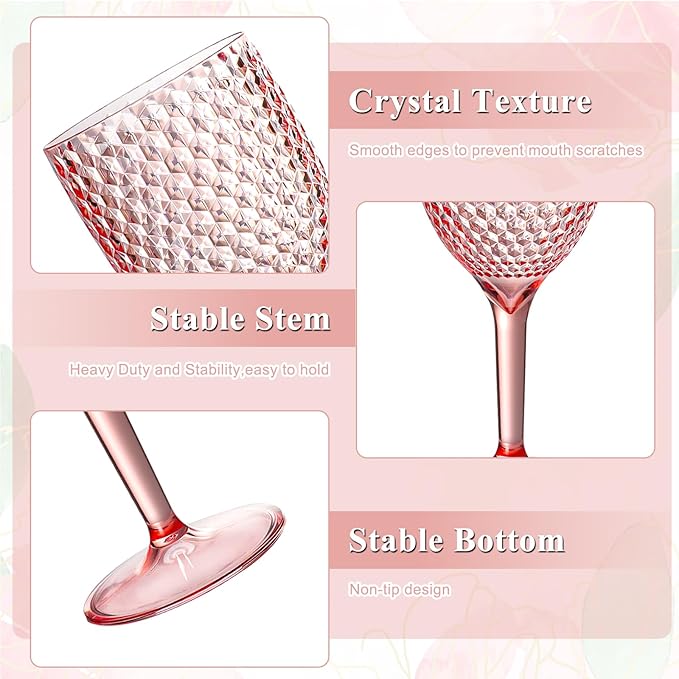 12Pcs Pink Plastic Wine Glasses 13.5oz Reusable Acrylic Wedding Goblets Toasting Glassware Unbreakable Wine Cups with Long Stem Crystal Drinking Glasses Champagne Flutes for Bar Restaurants Party