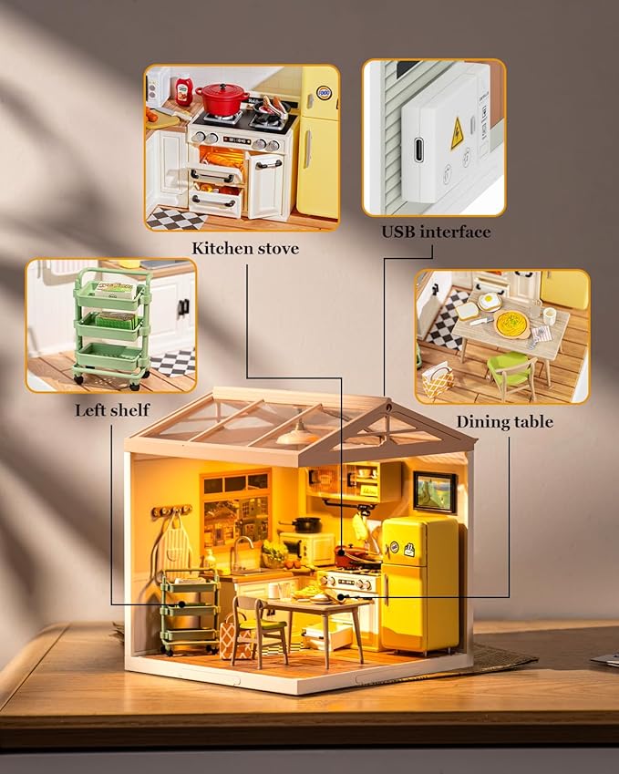 Rowood Miniature Kitchen Building House Kit Set with LED, DIY Plastic Mini Accessories Kit to Build Playset for Kids Adults, Easy and Lovely Craft Kits Gifts on Birthday Christmas-Happy Meals Kitchen