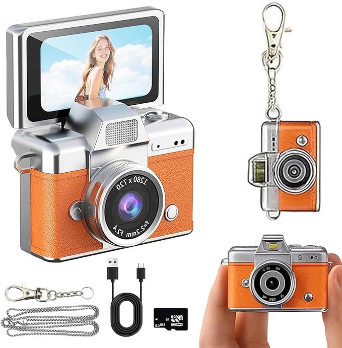 Mini Keychain Digital Camera, Retro Mini Digital Video Camera, 1.47" LCD Flip Screen - Retro Keychain Camera 32GB Card, Built-in Flash & Strap, Portable Camera for Travel, Concerts, Students