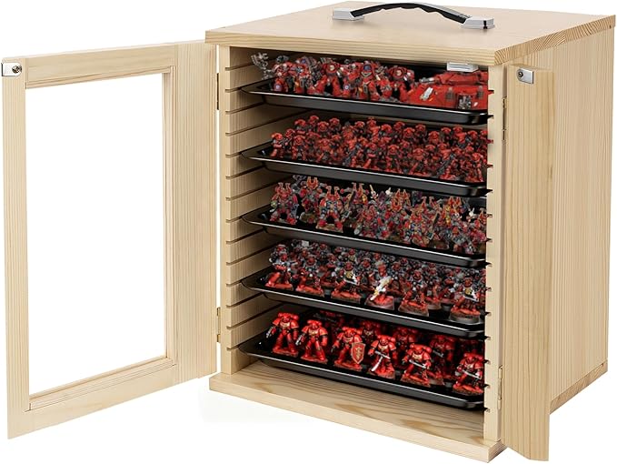 Miniature Storage Case for Collectibles, Miniature Display Cases with Magnetic Door and 6 Trays, Clear View Miniatures Transport Case (Wooden)