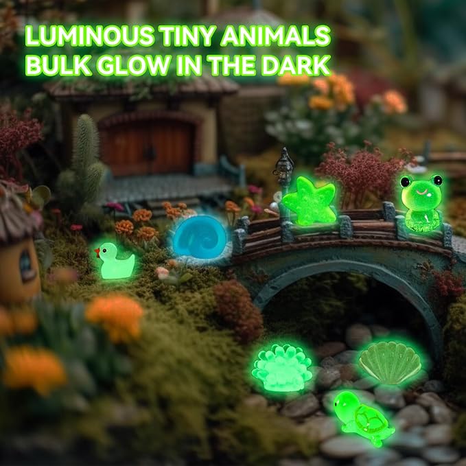 100Pcs Luminous Mini Resin 15 Styles Tiny Animals Sea Animals Figurines Glow in The Dark Miniature Animals for DIY Fish Tank Potted Micro Dollhouse Landscape Aquarium Decorations