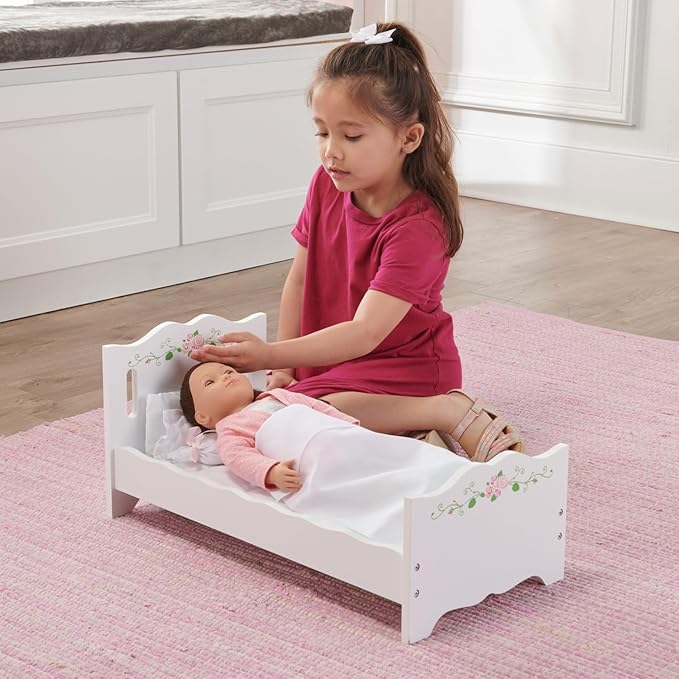 Badger Basket Wooden Doll Bed with Blanket and Pillow with Free Personalization Kit - Fits 18" to 20" Dolls - Ideal for Baby Dolls and Pretend Play Fun - White and Pink Rose Design