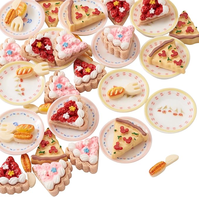 42Pcs Mini Cakes Tableware Kit Decorations Dollhouse Accessories Imitation Miniature Dessert Fork Knife High Tea Resin Cabochons Ornaments Garden Home Party Decorations Crafts Supplies