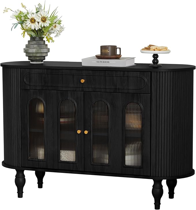 47'' Fluted Sideboard Buffer Cabinet with Drawer, Modern Credenza Storage Cabinet, Bar Cabinet Console Table with Tambour Sliding Side for Living Dining Room Kitchen Hallway Entryway, Black