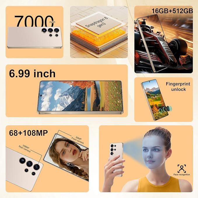 OEJBK I25 Ultra: Powerhouse 16GB/512GB, 2-Day 7000mAh Battery, Huge 6.99" Android 14 Phone w/Built-in Stylus - Your All-in-One Device The Superior Choice (Cyan)