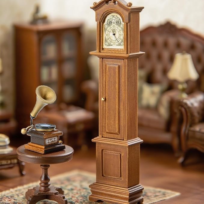 Minamzee 1:12 Dollhouse Furniture Accessories Set, 3Pcs Victorian Miniature Grandfather Clock, Vintage Phonograph, Round Side Table Mini House Decoration for Living Room, Bedroom, Kitchen,Home Office
